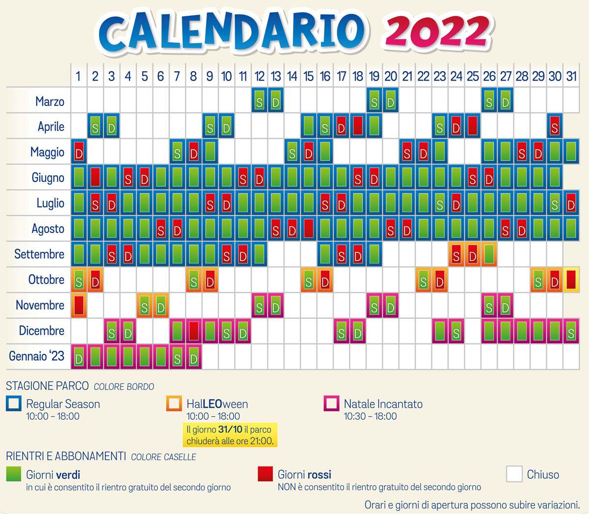 calendario parture leolandia 2022